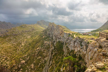 Landscape of rocky coast before a storm under gloomy dramatic sky (cape formentor). Mallorca. Balearic islands. Spainの写真素材