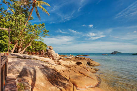 Beautiful tropical beach with  stones. Nature backgroundの写真素材