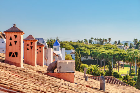Orange roof tiles with chimneys under blue skyの写真素材