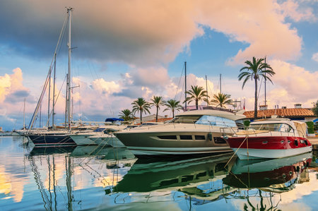 Stunning view of luxury yachts at the pier against the sunset. Yachts and boats anchored in marina.の写真素材