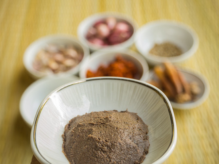 Closeup Shrimp paste in the white cup, curry raw material backgroudの写真素材