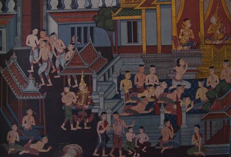 masterpiece of traditional Thai style painting art old about Buddha story on temple wall, Bangkok,Thailand のeditorial素材