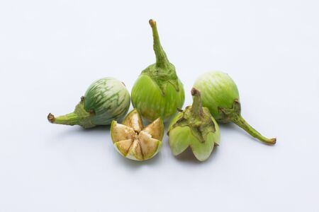eggplant with stem on white backgroundの写真素材