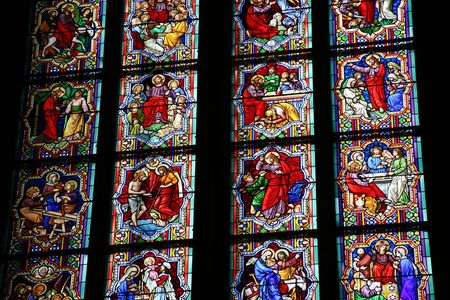 Multi-coloured stained-glass window in a Gothic cathedralのeditorial素材