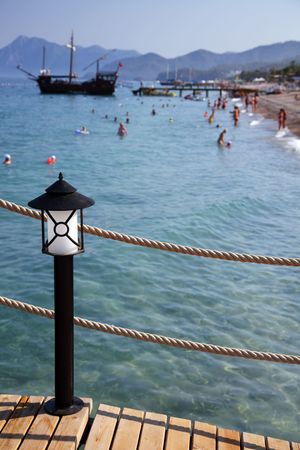 Lantern on landing stages, a beach in Turkeyの写真素材