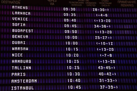 schedule of flights on an electronic board of the airport