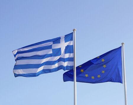 Flags of Greece and the European Unionの写真素材