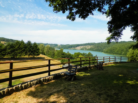 Beautiful view of Ostrzyckie Lake in Kolano, Wiezyca Region, Poland. Nature, travel and tourism concept.の写真素材
