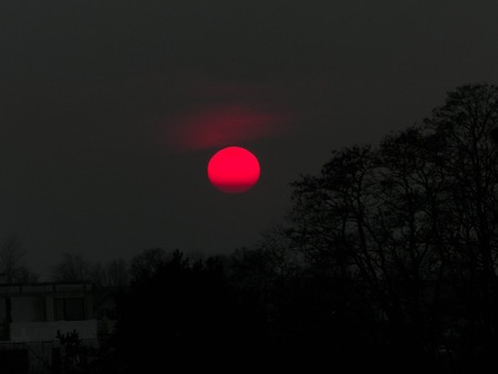 Amazing red moon over polish country landscape. Nature concept. Copy space.の写真素材