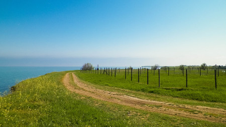 View from cliff on water of Black Sea. Beautiful transparent water of Black Sea, exploration and nature concept, Romania, Dobrogea region.の写真素材