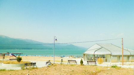 Sandy beach of Prespa Lake, Macedonia. Tourism and nature concept.