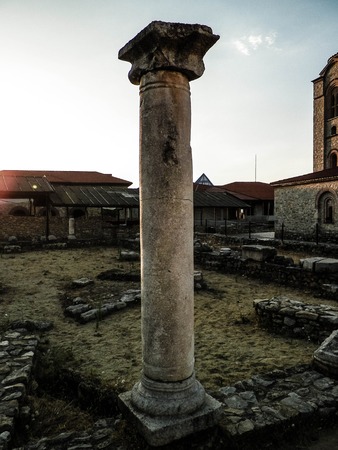 Old columns and ruins in Plaoshnik area, Ohrid, Macedonia. Travel and architecture concept.の写真素材
