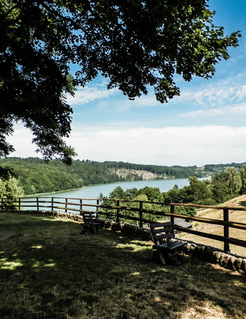 Beautiful view of Ostrzyckie Lake in Kolano, Wiezyca Region, Poland. Nature, travel and tourism concept.の写真素材