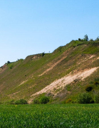 Gravel pit in mining area. Northern Poland. Copy space on sky. Natural environment exploration concept.の写真素材
