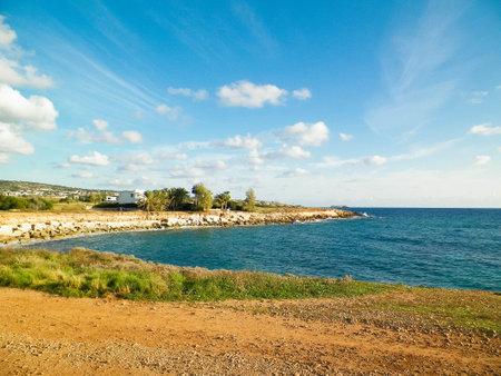 Coastal area on Cyprus, Asia. Mediterranean sea. Copy space on sky.の写真素材
