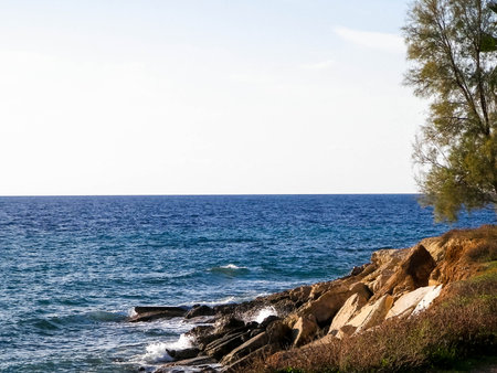 Coastal area on Cyprus, Asia. Mediterranean sea. Copy space on sky.の写真素材