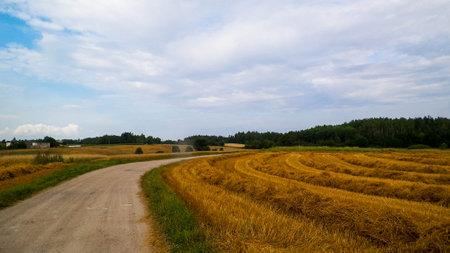 Autumn season agriculture. Fields and meadows of Kashubia. Travel and nature concept.