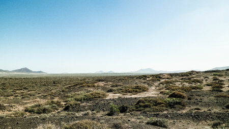 Desert landscape, Lanzarotte, Canary Islands. Desert is typical landscape on Lanzarote island. Travel and nature concept.の写真素材
