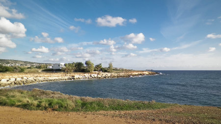 Coastal area on Cyprus, Asia. Mediterranean sea. Copy space on sky.