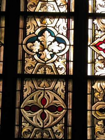 Stained glass as architecture background. Arch-see in Frombork. Art background. St. Andrew in...