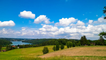 Beautiful view of Ostrzyckie Lake and hills of Wiezyca Region, Pomerania, Kashubia, Poland.