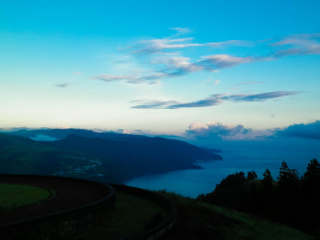 Stunning sunset over coast in Sao Miguel island. Sao Miguel is the biggest island of Azores Archipelago.の写真素材