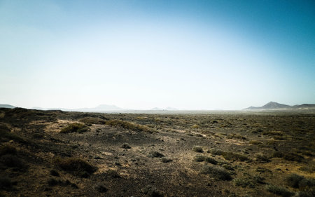 Desert landscape, Lanzarotte, Canary Islands. Desert is typical landscape on Lanzarote island. Travel and nature concept.の写真素材