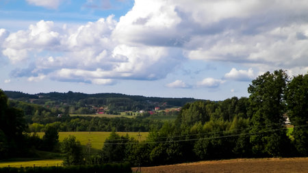 Empty field, autumn in Kashubian Region, Poland.Travel and agriculture concept.の写真素材