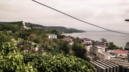 View of the city of Balchik. Rainy weather, tourism concept, Bulgaria, Dobrich province.の写真素材