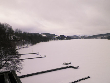 Frozen Ostrzyckie lake. Wiezyca, Kashubian region. Winter in northern Poland. Travel and nature concept.の写真素材
