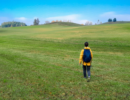 Woman tourist traveling over Kashubia. Wiezyca region.の写真素材