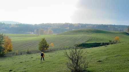 Woman tourist traveling over Kashubia. Wiezyca region.の写真素材