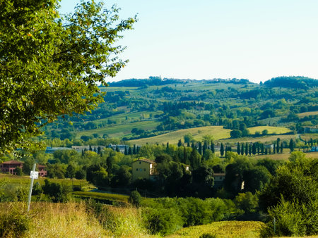 Hills, fields and meadows - typical views of Tuscany. Travel, nature and agriculture concept. Holidays in Italy. Copy space.の写真素材