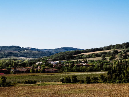 Hills, fields and meadows - typical views of Tuscany. Travel, nature and agriculture concept. Holidays in Italy. Copy space.の写真素材