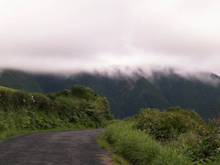 Mountain landscape at foggy day. Sao Miguel, Azorean islands. Travel and exploration concept.の写真素材