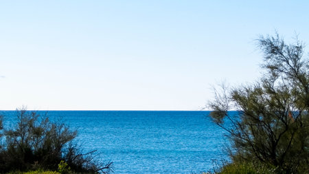 Mediterranean, nature, close to city of Vada. Tyrrhenian sea coast on blue sky background. Vacations and nature concept. Copy space on blue sky.の写真素材