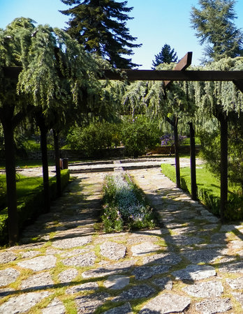 Alley in Balchik Palace gardens also known as Queen Mary Park. Travel and nature concept.の写真素材