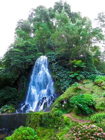 Beautiful waterfall on Sao Miguel. Beauty of nature.の写真素材
