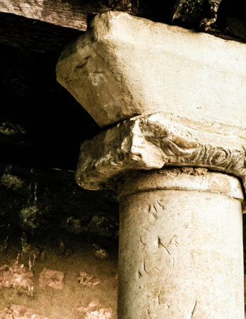 Ancient lonic column. Ohrid City, Macedonia. Architecture and history concept.の写真素材