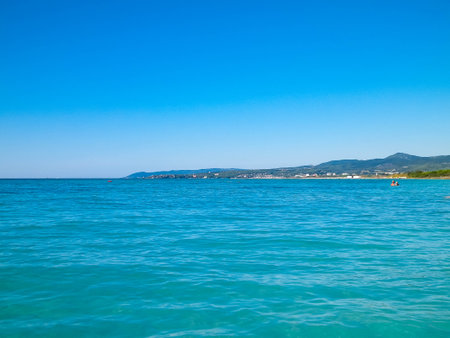 Coast and transparent, turquoise water of Tyrrhenian Sea. Travel and nature concept. Sunny Summer day. Copy space.の写真素材