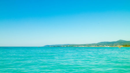 Turquoise water of Tyrrhenian Sea. Travel and nature concept. Sunny Summer day. Copy space.の写真素材