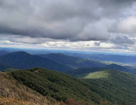 Beautiful view of Bieszczady from top of the mountain. Mountain tourism.の写真素材