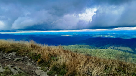 Beautiful view of Bieszczady from top of the mountain. Mountain tourism.の写真素材