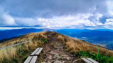 Beautiful view of Bieszczady from top of the mountain. Mountain tourism.の写真素材