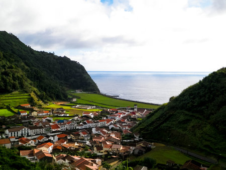 Beautiful view of Faial Da Terra small village on Sao Miguel island, Azores. Travel and nature concept.の写真素材