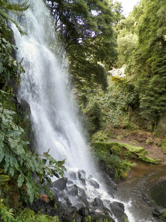 Amazing waterfall on Azores. Sao Miguel Island. Beauty of nature.の写真素材