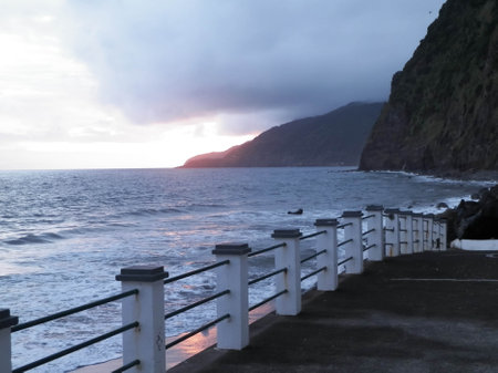 Sunset over Sao Miguel Island. Golden hour on Azores Archipelago.の写真素材
