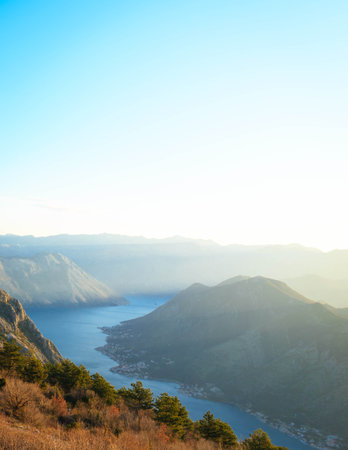 View of fjord and mountains in Montenegro. Beauty of nature.