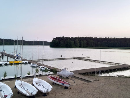 Marina on Wdzydzkie Lake at early morning. Beautiful nature of Kashubia.の写真素材