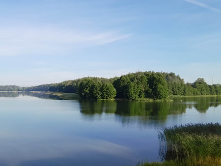 Wdzydze Lake coast at morning. Small Yacht harbor on shore.の写真素材